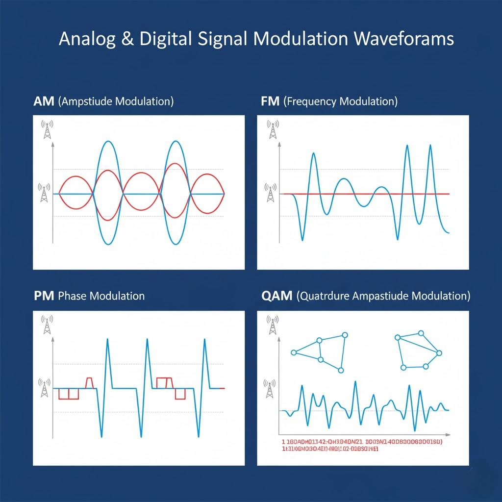 Illustration of AM, FM, PM, and QAM signal waveforms