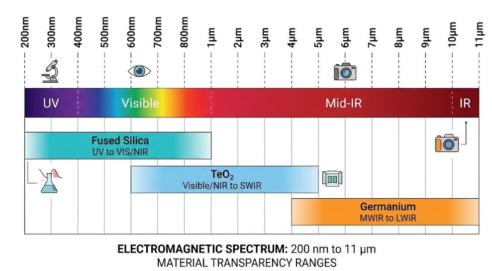 Comparison chart of AOM crystal materials like TeO2, Fused Silica, and Germanium across the optical spectrum