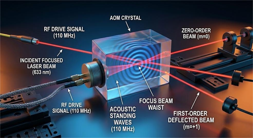 Visualization of laser beam rise time and divergence within an AOM crystal
