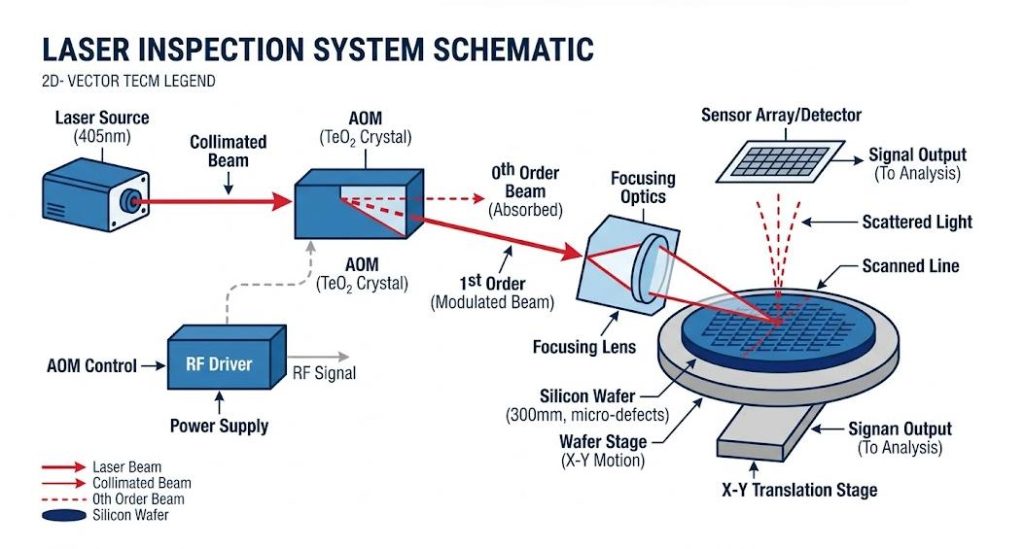 AOM Driver integration in a semiconductor wafer inspection system schematic
