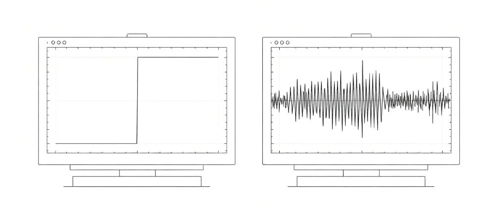 Oscilloscope comparison of clean trigger signal versus noisy signal with ringing and jitter