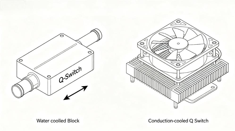 Water-cooled and conduction-cooled Q-switch cooling check points