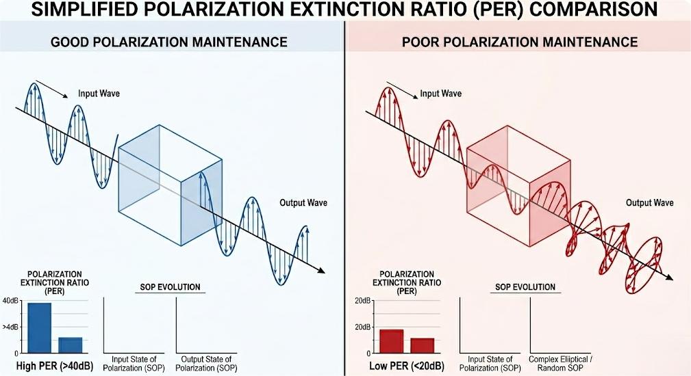 Diagram comparing high polarization extinction ratio (PER) versus polarization crosstalk in optical fibers