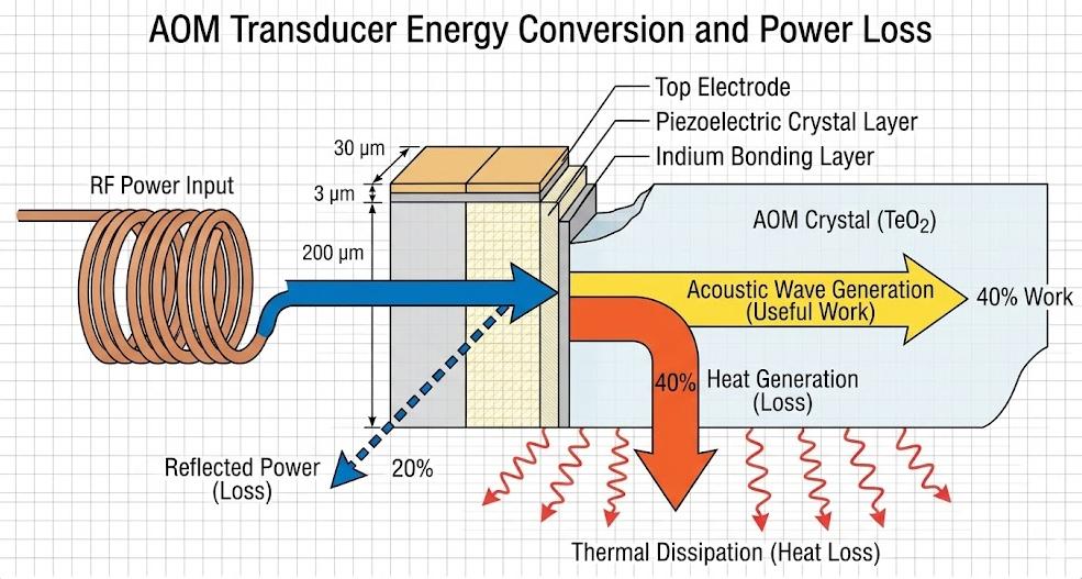 Diagram of RF energy conversion and thermal loss in an acousto-optic transducer