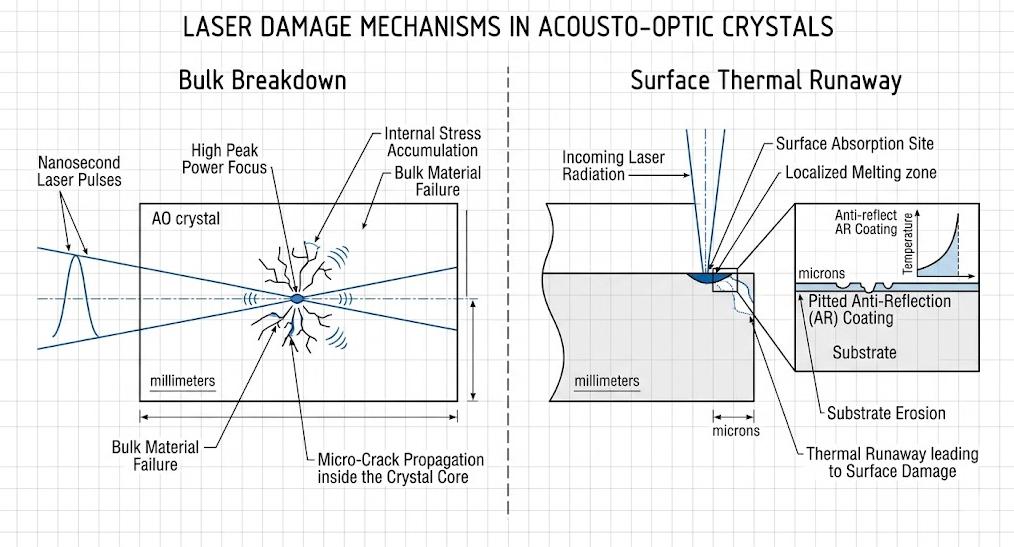 Diagram of bulk breakdown and surface thermal runaway mechanisms in an acousto-optic modulator