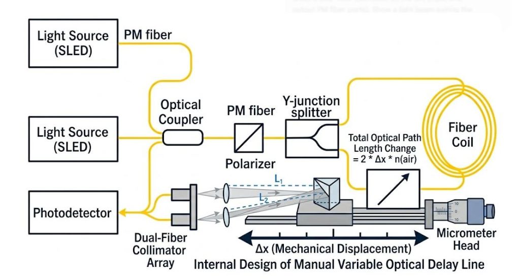 Internal free-space optical path and retro-reflector mechanism of a manual variable optical delay line