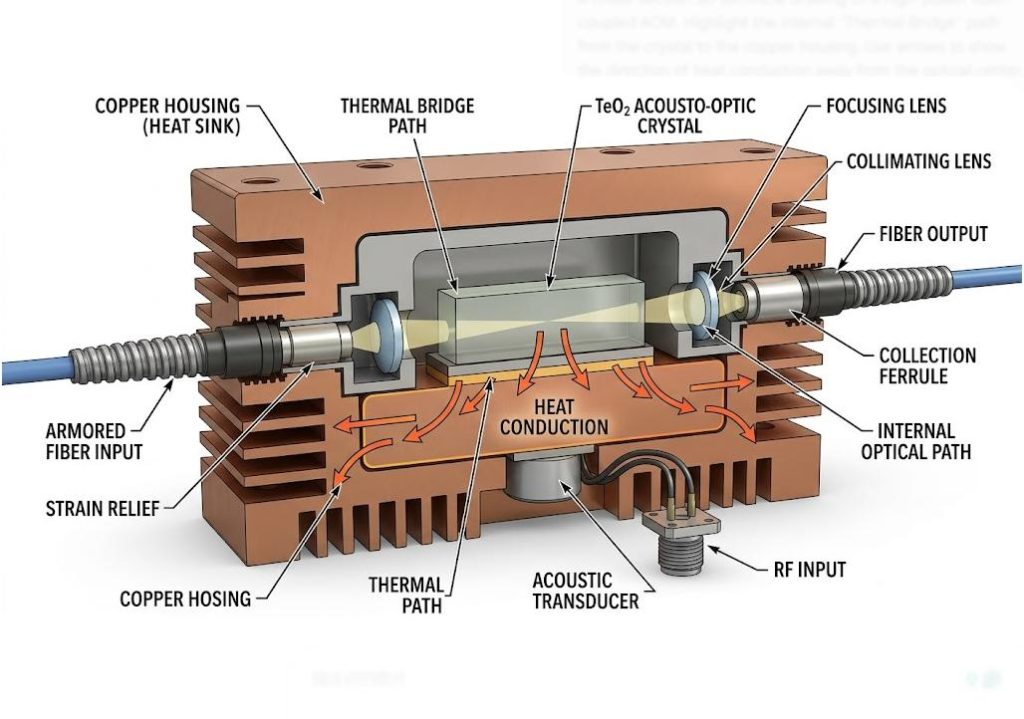 Internal thermal bridge and heat dissipation structure of a high-power AOM