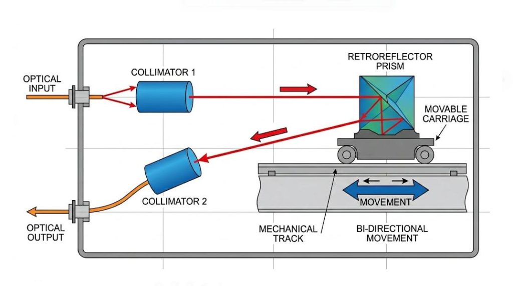 Optical Coherence Tomography (OCT) system schematic showing a variable optical delay line integrated into the reference arm