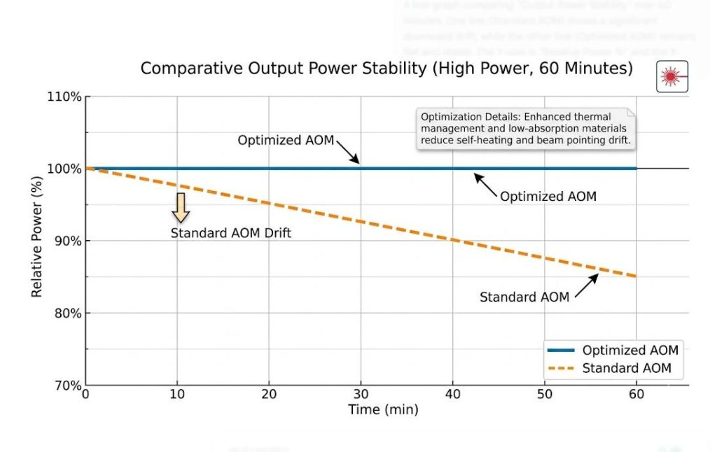 Performance graph comparing power drift between standard and thermally stabilized AOMs
