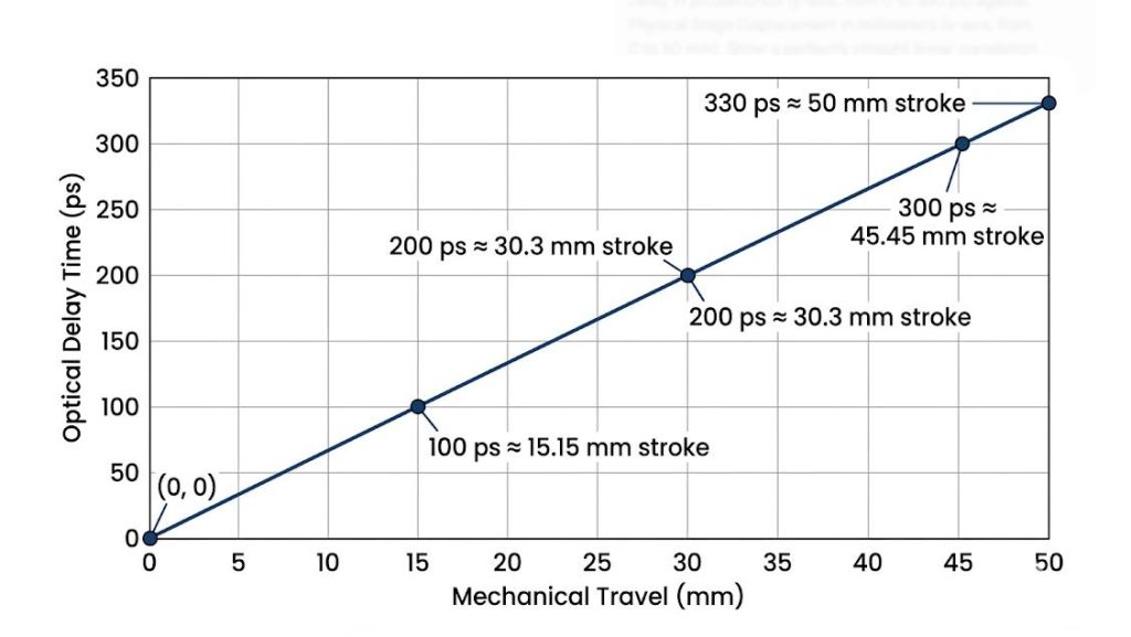 linear conversion between optical delay time in picoseconds and mechanical displacement in millimeters
