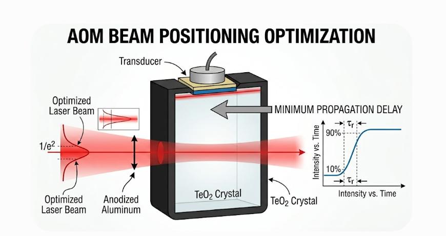 Cross-section view of a free space AOM showing optimal laser beam alignment close to the transducer face
