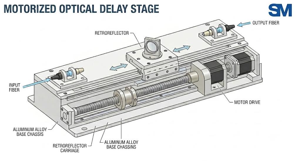 Motorized linear translation stage mechanism for a precision optical delay line