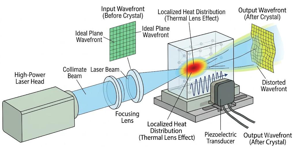 Thermal lensing effect and beam waist distortion in fiber AOM crystal