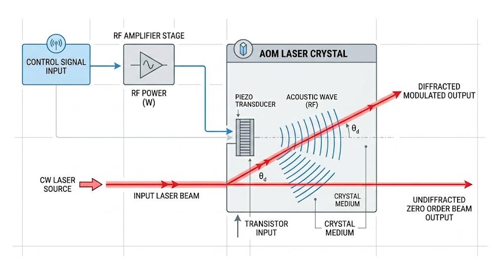 signal flow from control input through RF amplifier to AOM crystal for laser modulation