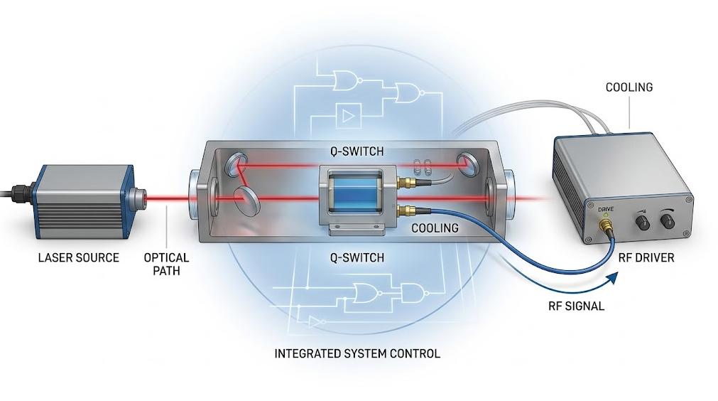 Acousto-optic Q-switch with RF driver and cooling