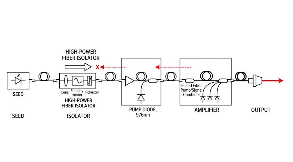 Fiber isolator position in a MOPA system